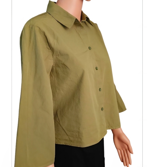 Zara Green Boxy Button Down Shirt with Notched Collar - Picture 3 of 8